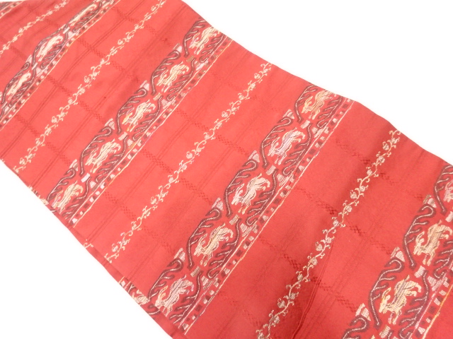 リサイクル　横段に唐草・動物模様織出し名古屋帯